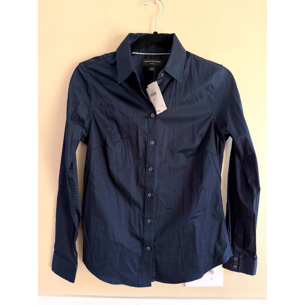 Banana Republic Tailored Fit Non-Iron Shirt Navy Blue Long Sleeve Size 2
